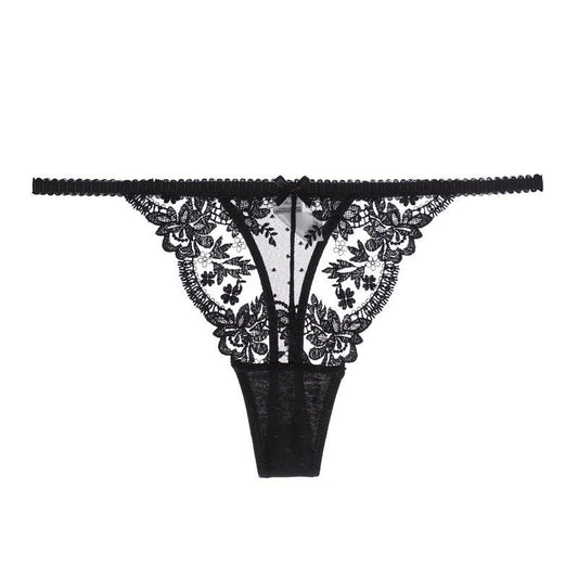 Black Floral Embroidery Thong