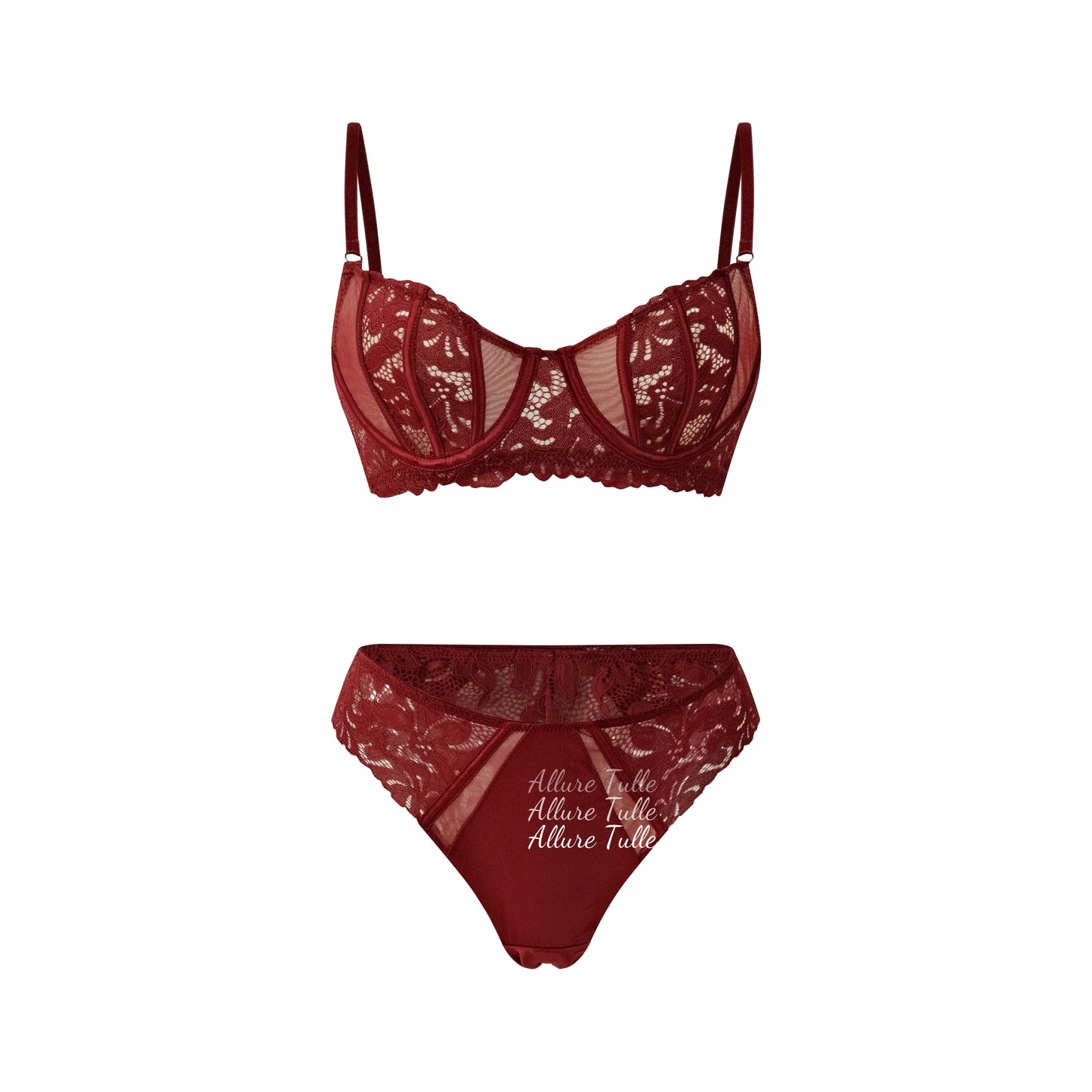 Burgundy Lace Floral Lingerie Set 3D shape